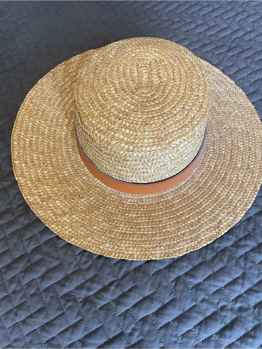 Lack Of Color Natural Straw Boater Hat with Tan Band